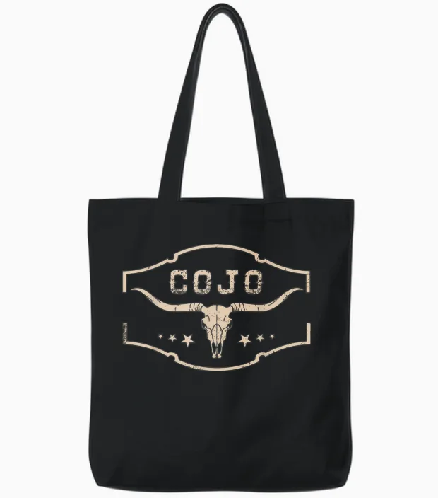 Distressed Cojo Cowhide Name Proud Vintage Retro Bull-Skull Tote Bags in Black
