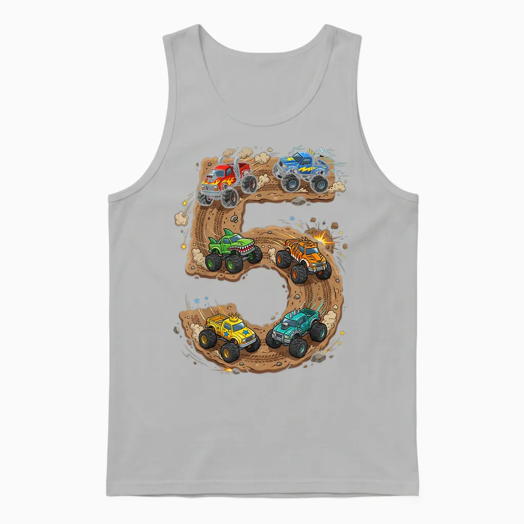 5 Year Old Monster Truck Boy Toddler 5th Birthday Party Unisex Tank Top in Ash
