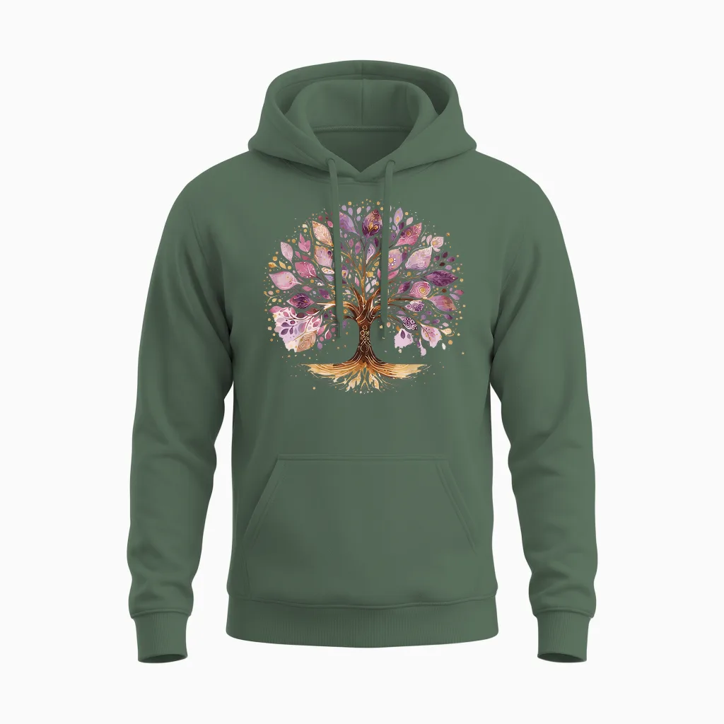 Lila Und Gold Yoga Baum Des Lebens Unisex Hoodie in Military Green
