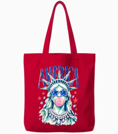 Brushstroke Statue of Liberty Blowing Bubble Gum 4th of July Tote Bags - Red