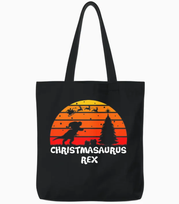 Christmasaurus Rex Retro Sunset Tote Bags - Black
