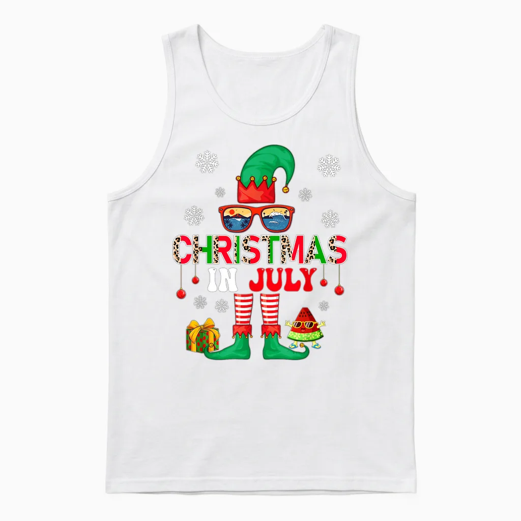 Christmas in July Costume Elf Sunglasses Beach Lover Family Men Women Unisex Tank Top in White