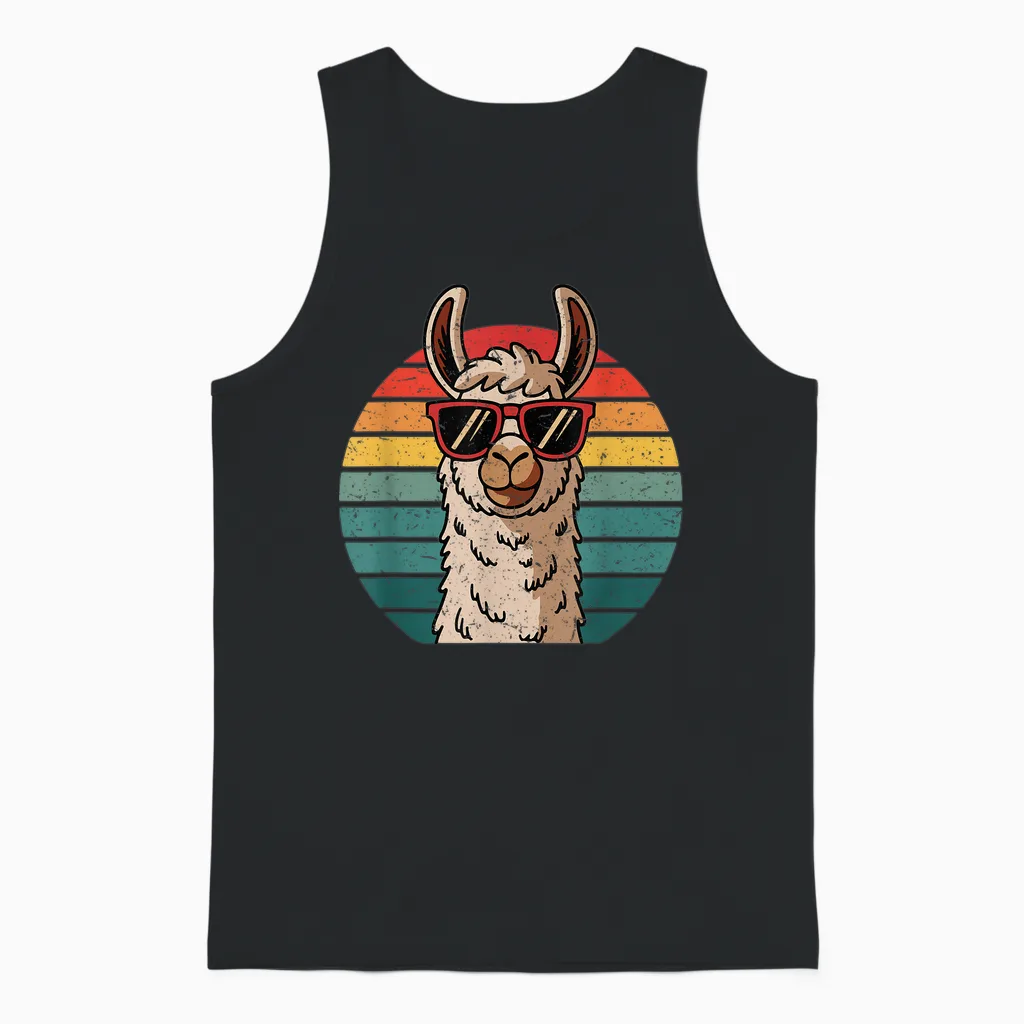 Retro Style Alpaca with Sunglasses Funny Animal Cool Llama T-Shirt, Black Unisex Tank Top in Black