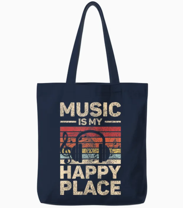 Music Is My Happy Place Musician Outfit Edm Music Lovers Dj Tote Bags in Navy