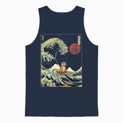 Kanagawa Otter Wave Funny Surf Animal T-Shirt, Black, S Unisex Tank Top - Navy