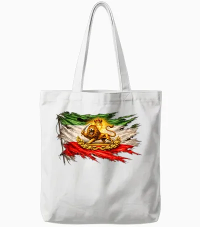 Iran Flag with Lion and Sun Emblem, Vintage Persian Heritage Tote Bags - White