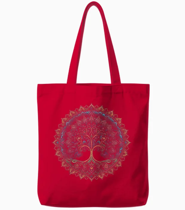Cool Tree of Life Symbol in Mandala Style Art Man Woman T-Shirt, Black, S Tote Bags in Red