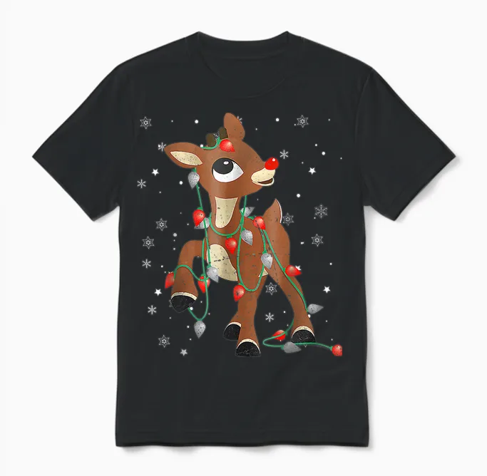 Cute Rudolph the Red Nose Reindeer for Kids Christmas Unisex T-Shirt in Black