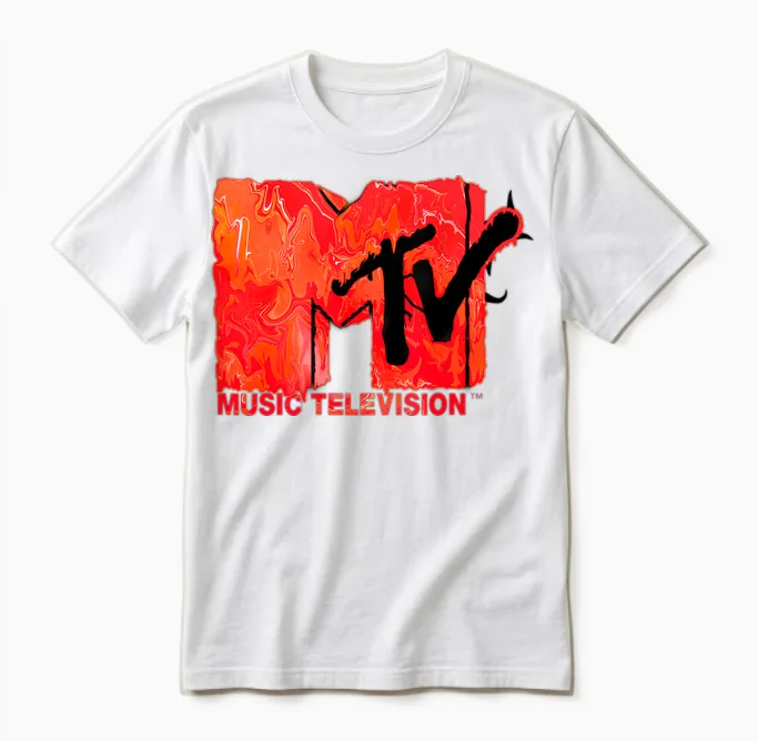 The Official Mtv Logo in Red Liquid Lava Flow Style Unisex T-Shirt in White