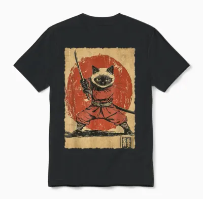 Japanese Art Vintage Funny Siamese Cat Ninja Warrior Samurai Unisex T-Shirt - Black