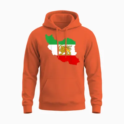 Iran Map with Lion and Sun Emblem, Persian Unisex Hoodie - Orange