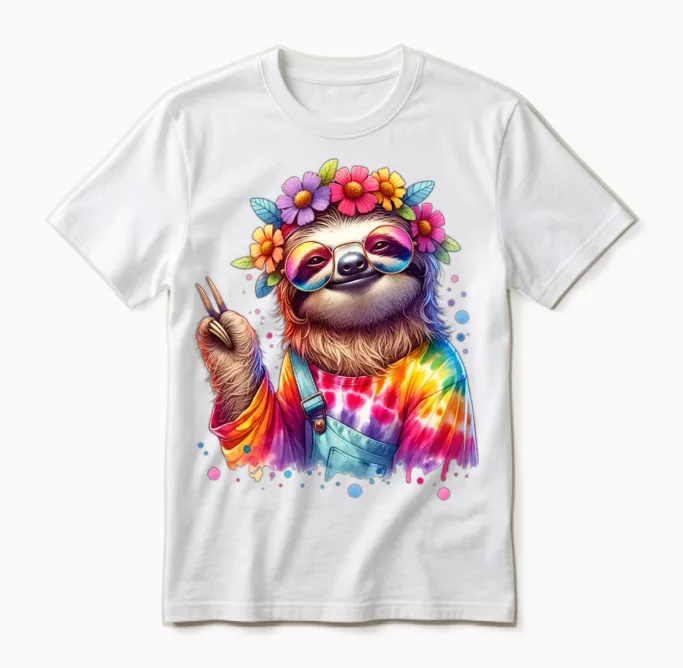 Hippie Sloth with Peace Unisex T-Shirt in White