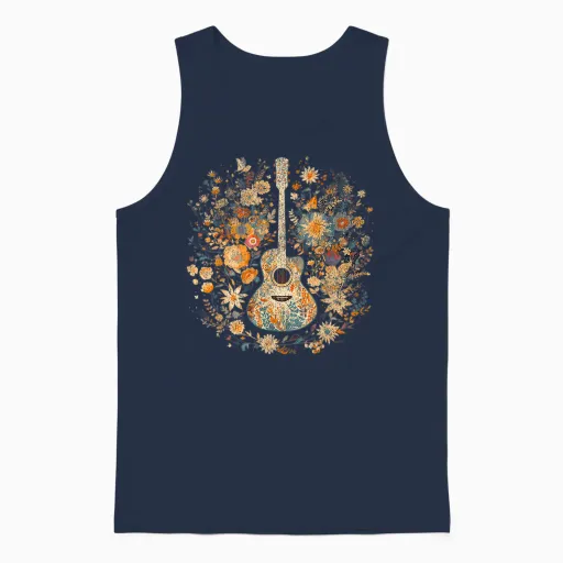 Acoustic Guitar American Folk Music Flowers Nature Country T-Shirt, Black, S Unisex Tank Top - Navy