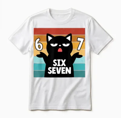 67 Meme Cat Shirt 6 7 Hand Gesture for Teenagers Slang Six Seven Unisex T-Shirt - White