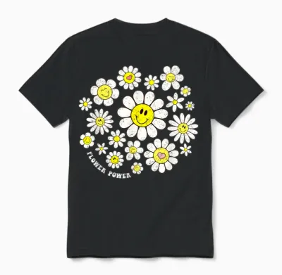 Flower Power Süßes Lächeln, Gesichtsblume, Happy Face, Blumen, Mädchen Unisex T-Shirt - Black