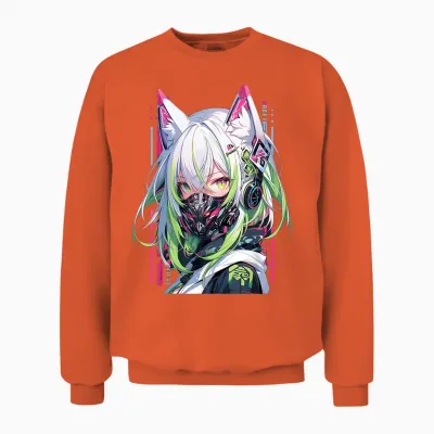 Manga Anime Aesthetic Cyberpunk Techwear Harajuku T-Shirt, Black Unisex Sweatshirt - Orange