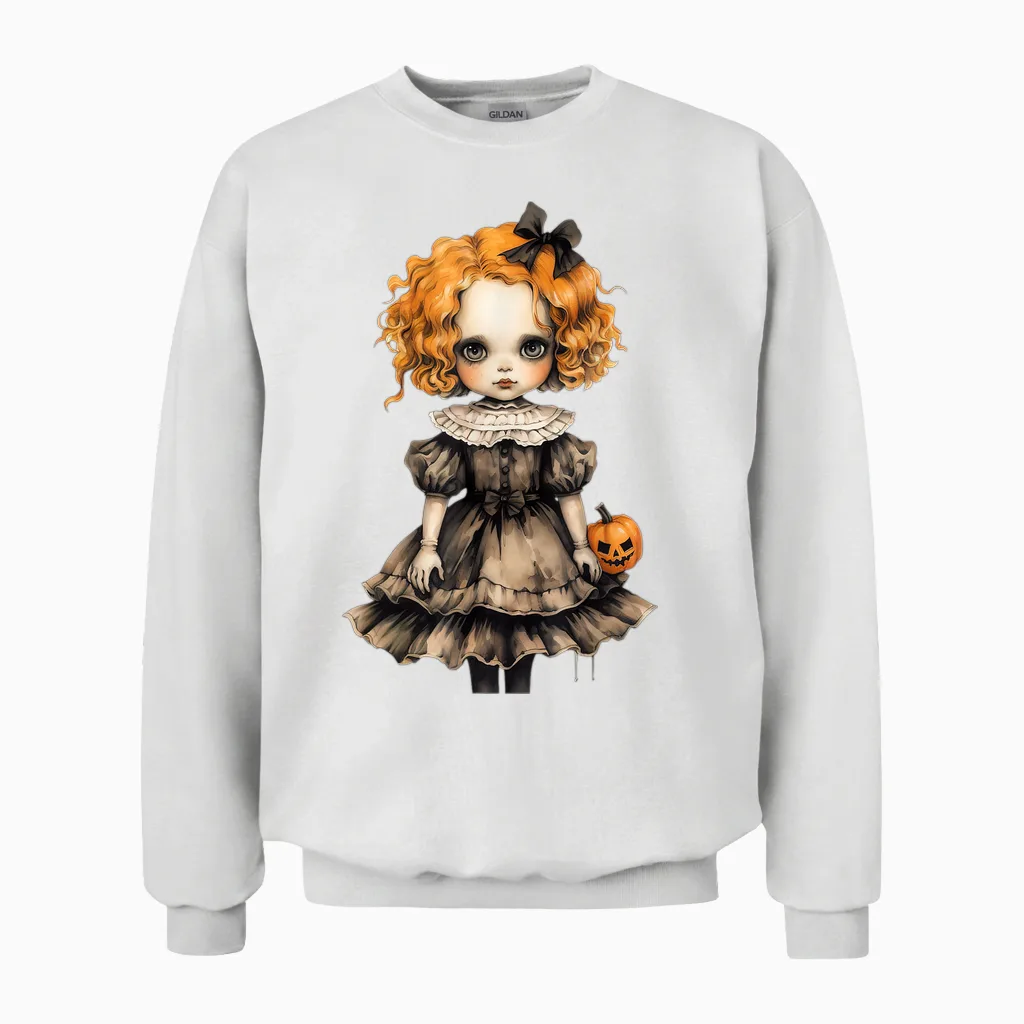 Poupée Rousse Hantée Ginger Doll Halloween Effrayante Gothique Poupée Unisex Sweatshirt in White
