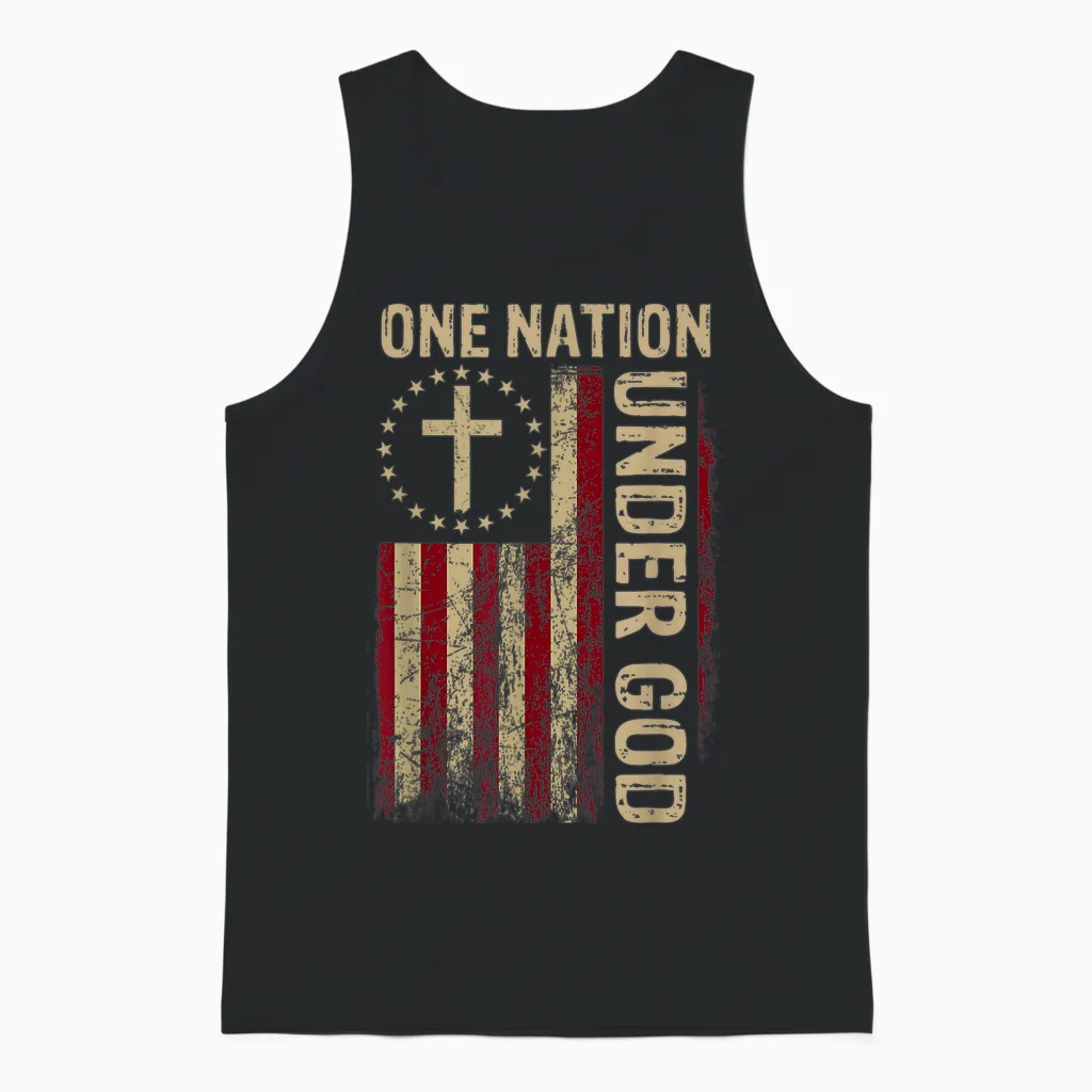 One Nation Under God Flag 4th of July Patriotic Christian Unisex Tank Top in Black