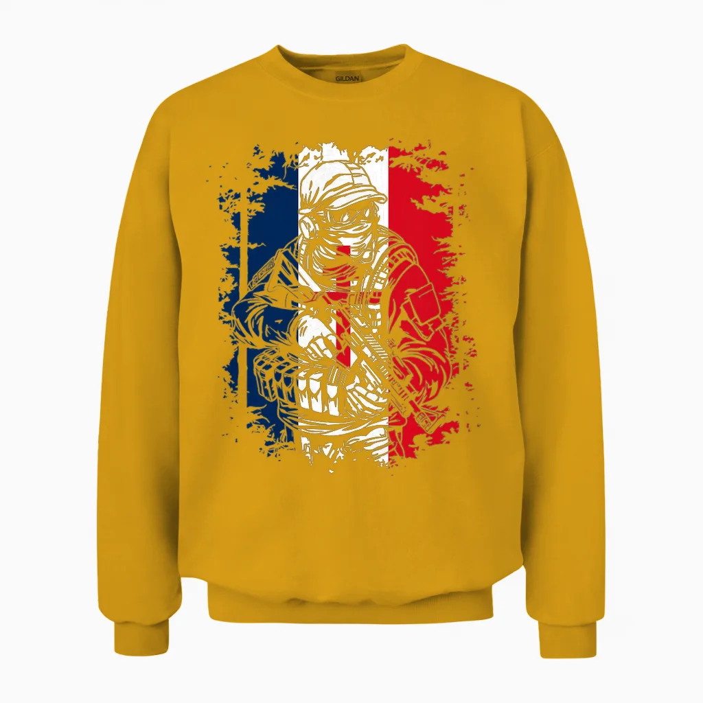Soldat Avec Drapeau Français Et Croix De Lorraine T-Shirt Haut De Gamme Unisex Sweatshirt in Gold