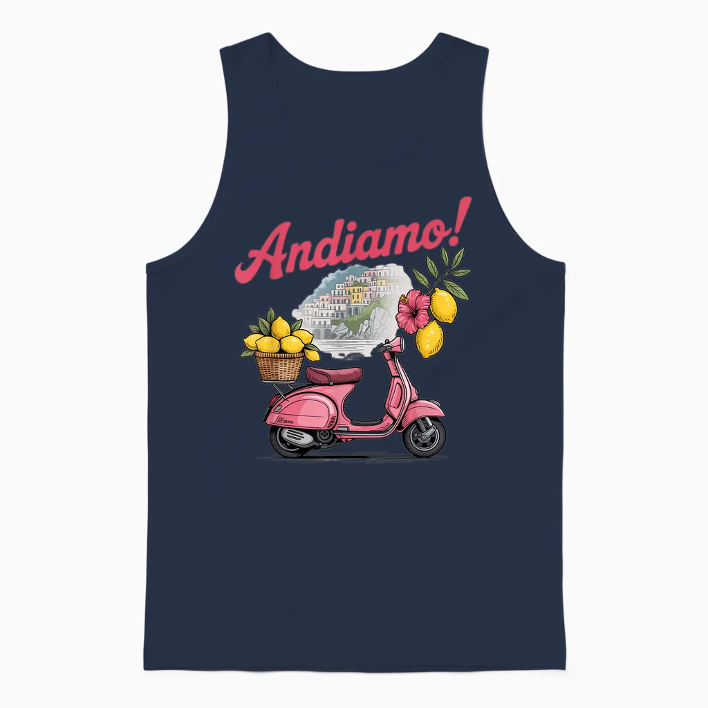 Italian Adventure Andiamo Scooter Lemons Positano Souvenir Unisex Tank Top in Navy