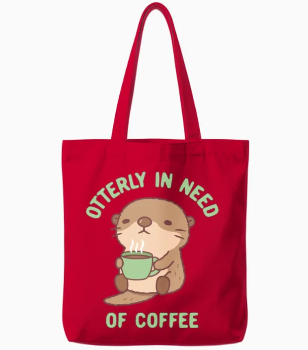 Cute Otter Otterly in Need of Coffee Funny Tote Bags in Red