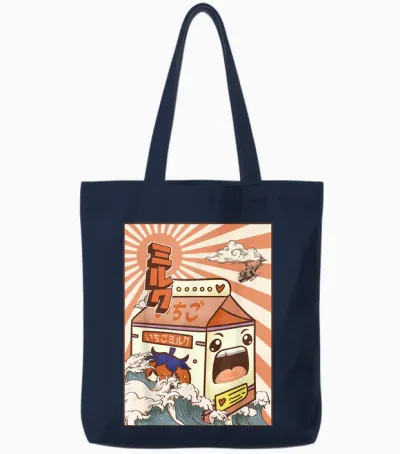 Japanese Kaiju Clothes Damen T-Shirt Schwarz Cartoon Monster Design, Traditionelle Japanische ästhetik, Kurzarm, Klein, Eu 41, 1 Count Tote Bags - Navy
