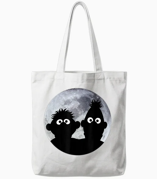 Sesame Street Ernie and Bert in the Moonlight Shadow Moonnight T-Shirt, Black Tote Bags in White