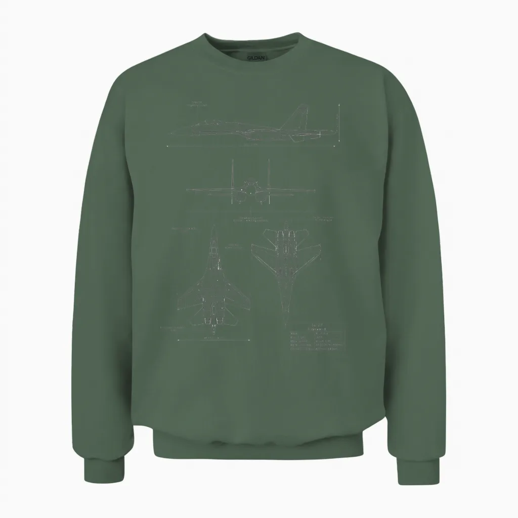 Sukhoi Su-27 Flanker Russian Jet Airplane T-Shirt, Black Unisex Sweatshirt in Military Green