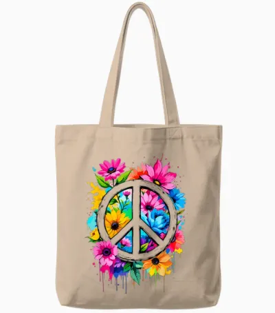 Love Peace Flower Power Peace Sign 70s 60s Woman Hippie T-Shirt, White, S Tote Bags - Natural