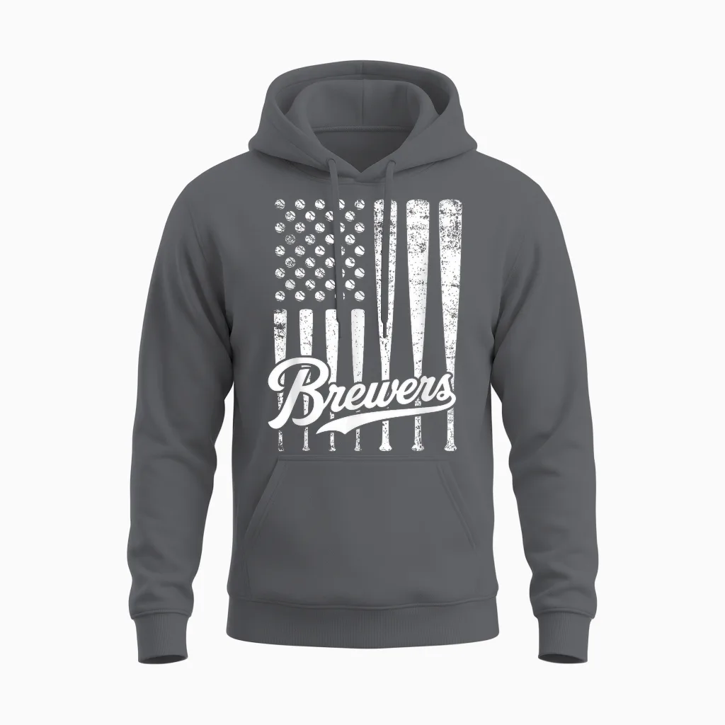 Vintage Brewers Baseball American Us Flag for Men Women Unisex Hoodie in Charcoal