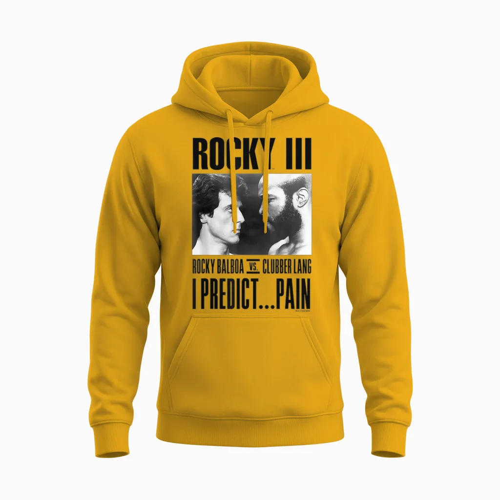 Rocky Iii I Predict Pain Rocky vs Clubber Lang Panel T-Shirt, Grey, S Unisex Hoodie in Gold