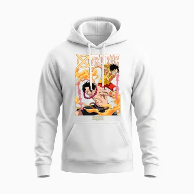 One Piece Anime Ace and Luffy Team Up Kanji Unisex Hoodie - White