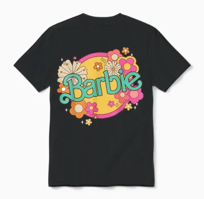 Barbie - Retro Logo with Flowers T-Shirt, Black Unisex T-Shirt - Black