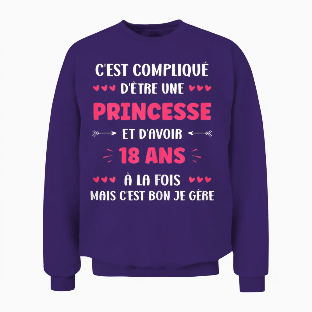 Girl 18 Years Funny Princess Birthday Teen 18 Years T-Shirt, Black, Female X-Small Unisex Sweatshirt in Purple