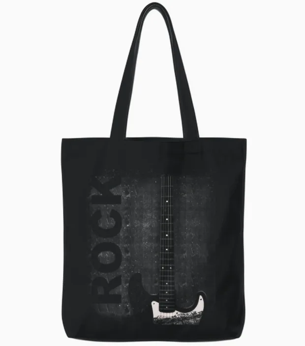 Rock Band Men's Women's Guitar Player in Distressed Look T-Shirt, Black Tote Bags in Black
