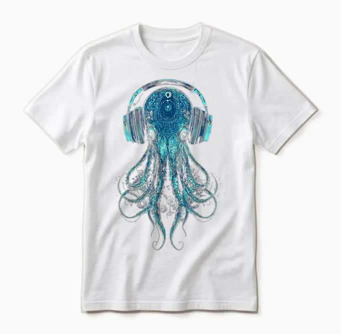 Octopus Animal Lovers Motif Music Headphones Illustration Squid Unisex T-Shirt in White