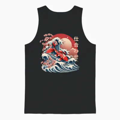 Majestic Koi Fish Ukiyo-E Japanese Design Unisex Tank Top - Black