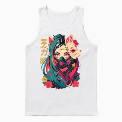 Anime Manga Cyberpunk Aesthetic Techwear Harajuku Kitsune T-Shirt, Black Unisex Tank Top - White
