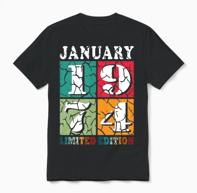January 1974 Vintage Birthday Present Unisex T-Shirt in Black