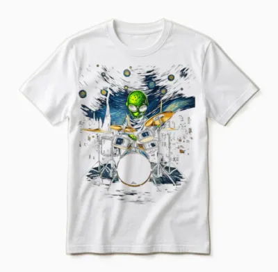 Van Gogh Alien Percussionist Drum Kit Playing Drum T-Shirt, Black, S Unisex T-Shirt - White