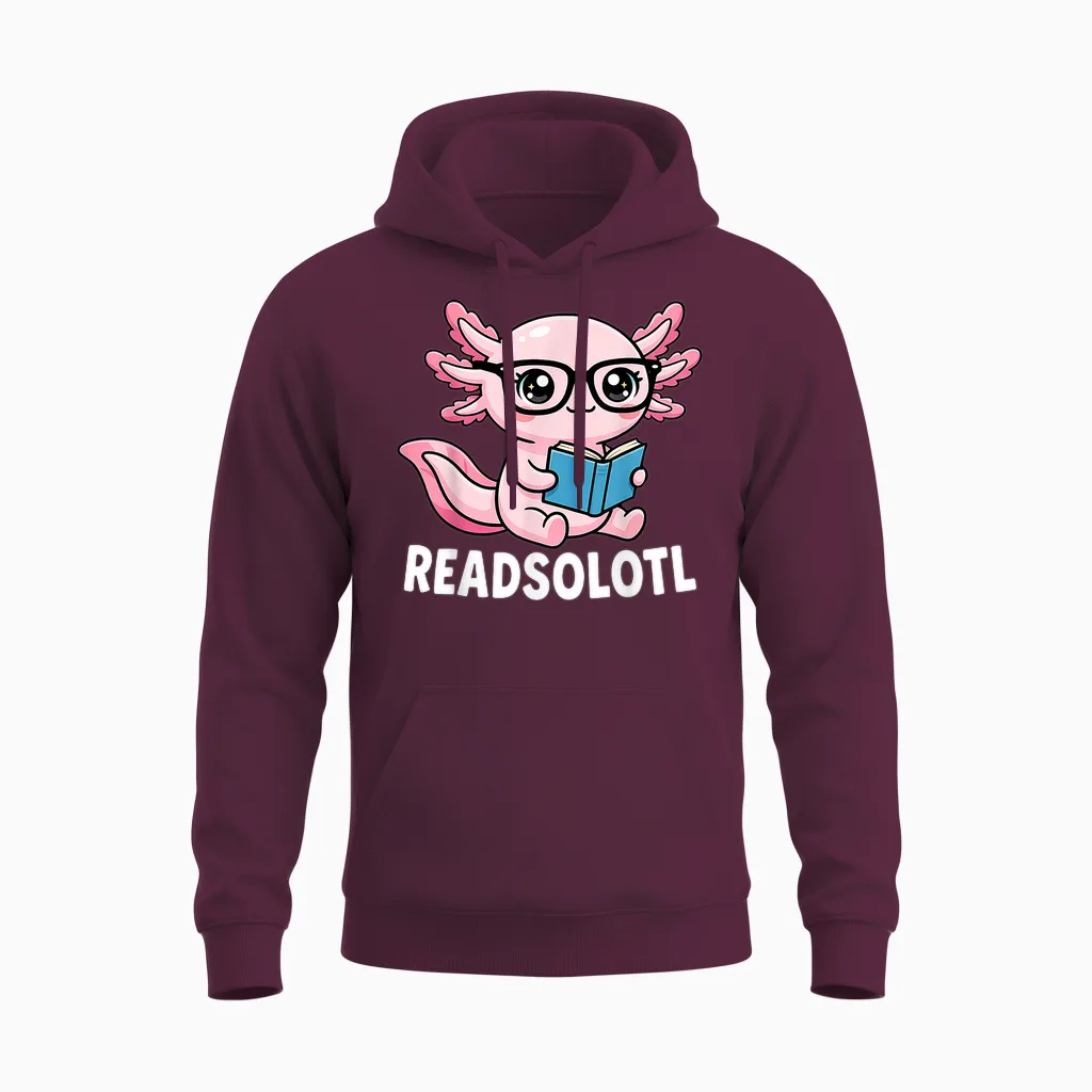 Axolotl Read Books Outfit Cool Reading Kids Book Character Unisex Hoodie in Maroon