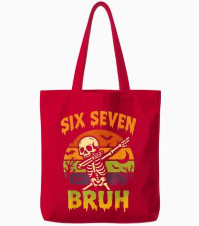 67 Halloween Meme 6 7 Skeleton Six Seven Numbers Funny Bruh Tote Bags - Red