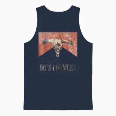 Vintage Western Bull Skull Raised on 90's Country Music Unisex Tank Top - Navy
