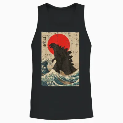 Japanese Kaiju Wave Red Sun Japan Monster Men Women Unisex Tank Top - Black