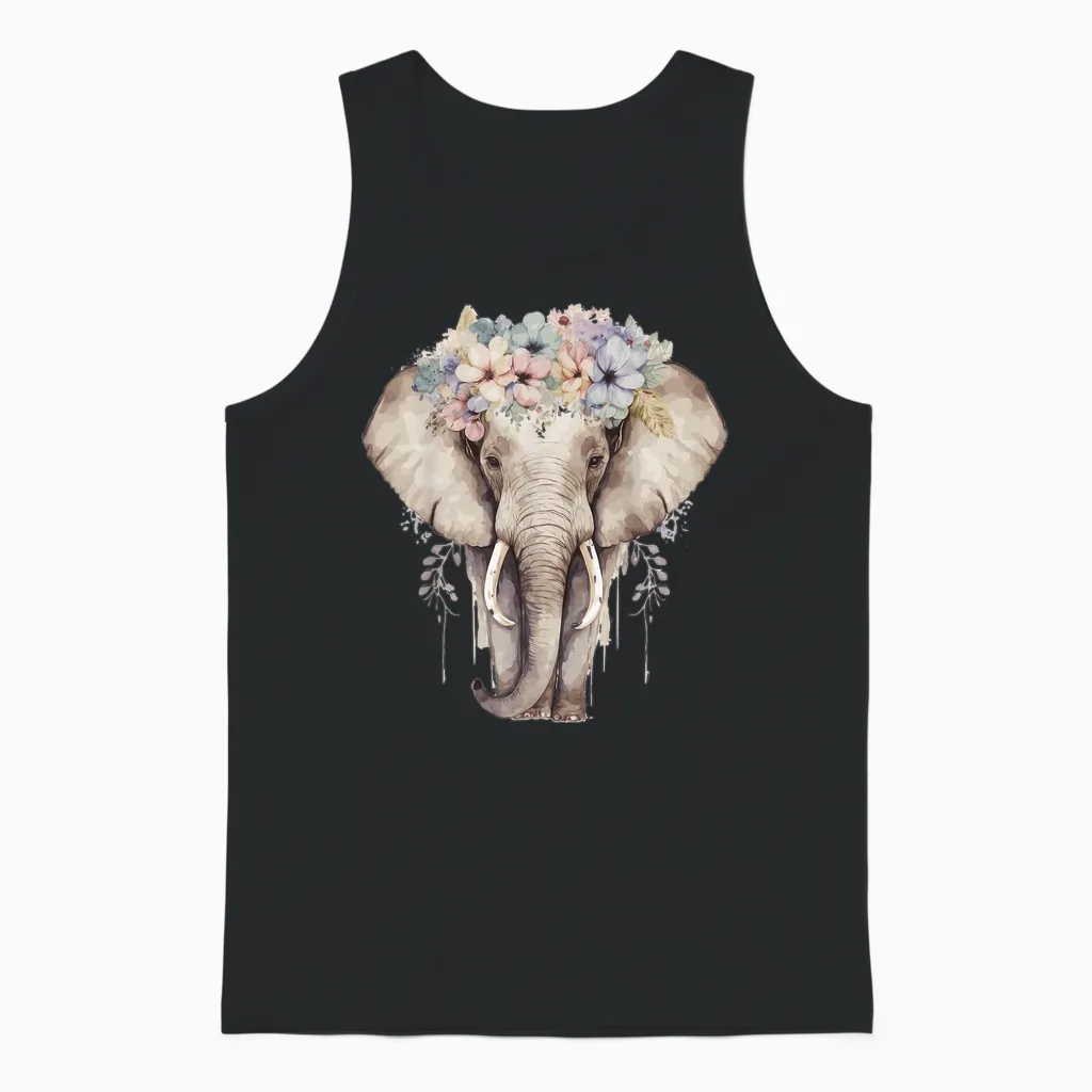 More Cute Animal Lover & Spring Flower Designs Elefant Blumenkrone Afrika Safari Tier T-Shirt Für Mädchen, Weiß, Kurzarm, Klein Unisex Tank Top in Black