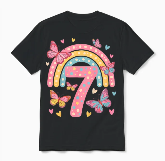 7. Geburtstag Regenbogen Schmetterlinge Herzen Geburtstags Unisex T-Shirt in Black