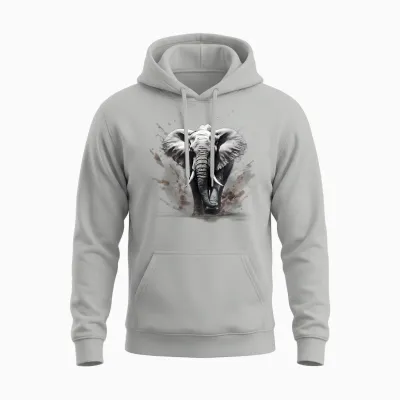 Elephant Drawing Motif Wildlife Splash Nature Animal Print T-Shirt, Black Unisex Hoodie - Ash