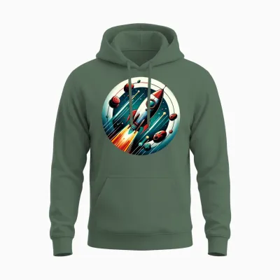 Retro Rocket and Planets Unisex Hoodie - Military Green