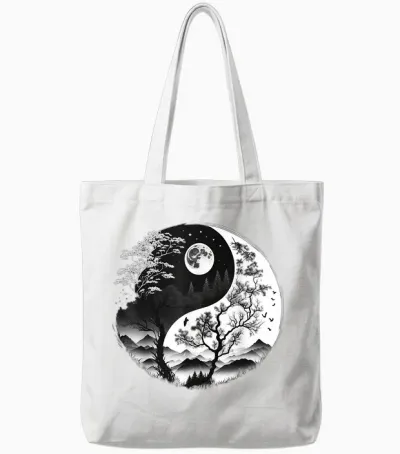 Black and White Yin Yang Symbol on Nature Taijitu Yin Yang T-Shirt, Black Tote Bags - White