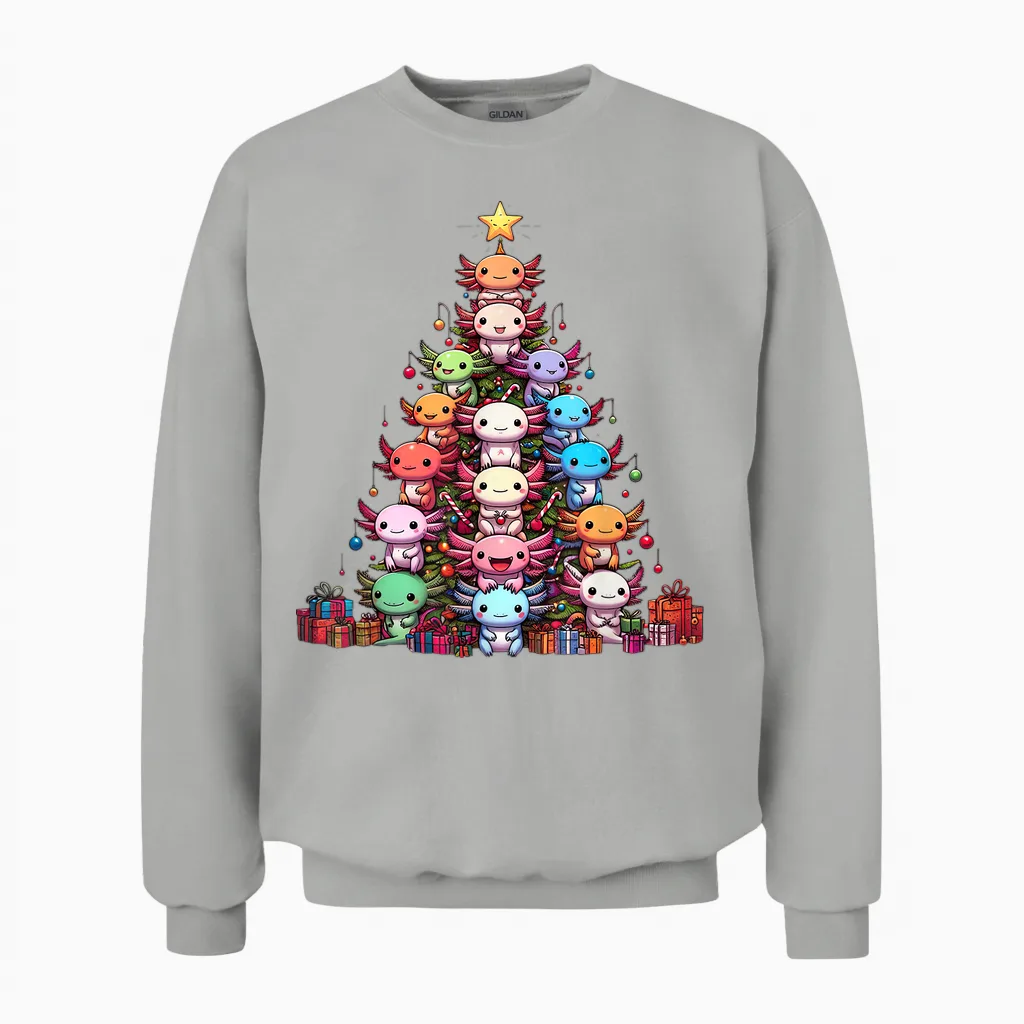 Axolotl Cute Christmas Tree for Women Men Kids T-Shirt, Black, S Unisex Sweatshirt in Ash